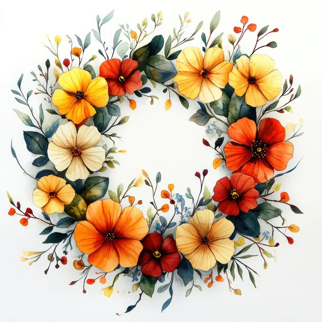 Watercolor floral wreath with orange and red blossoms and green leaves arranged in a circle on white background.