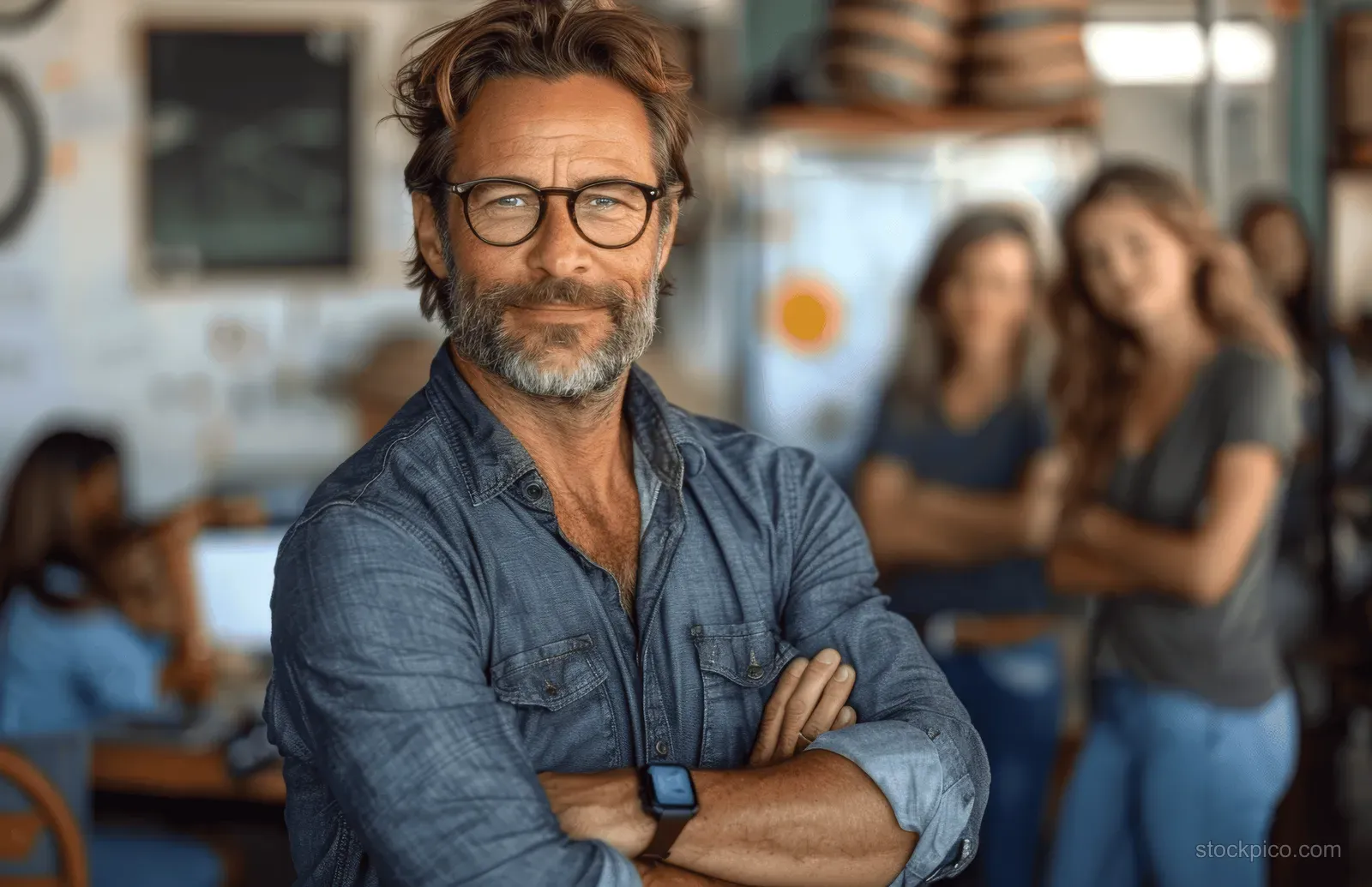 Middle-aged bearded man in glasses stands with arms crossed in a casual cafe wearing a denim shirt and smartwatch.
