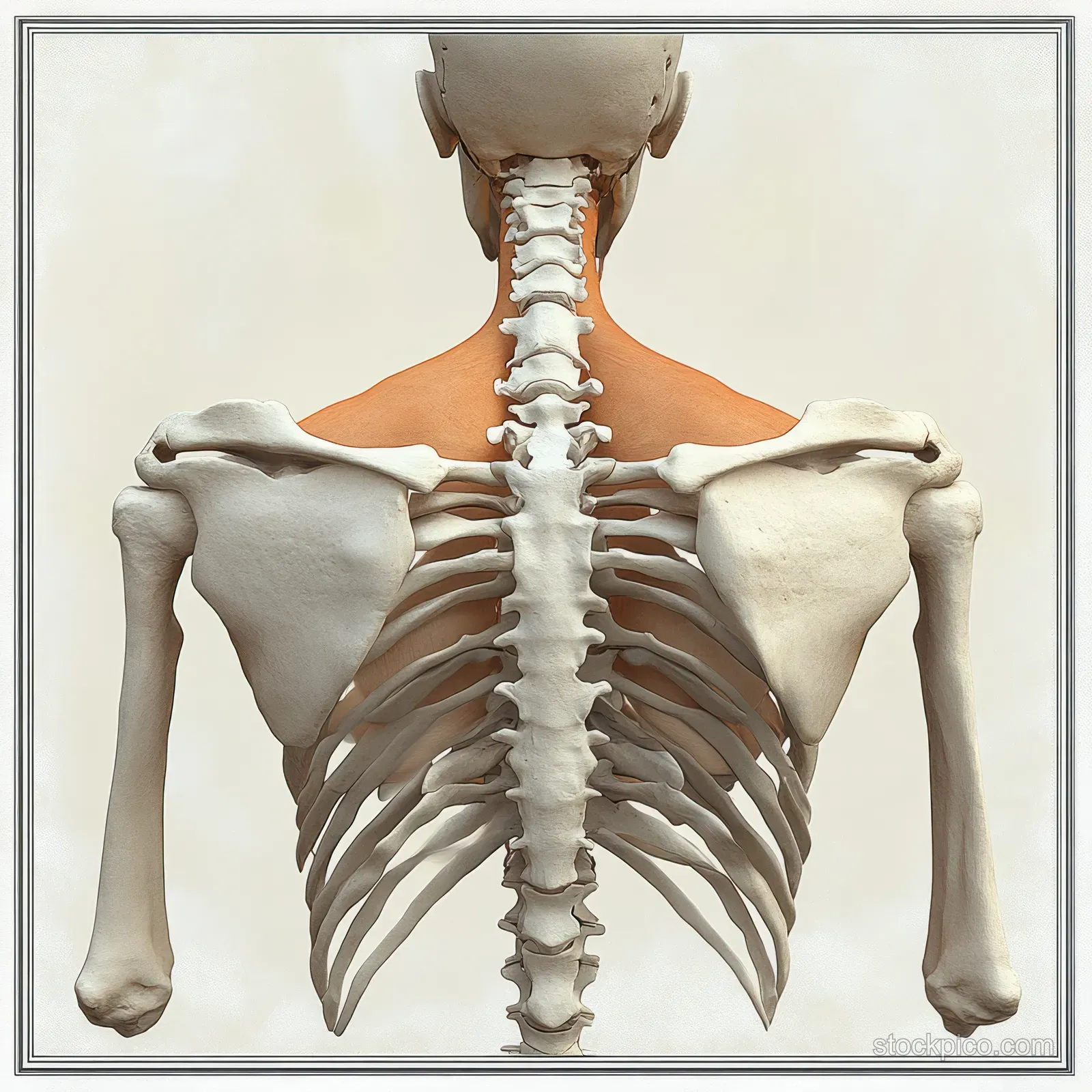 Rear view anatomical illustration of a human skeleton showing spine and shoulder blades with rhomboid minor emphasis.