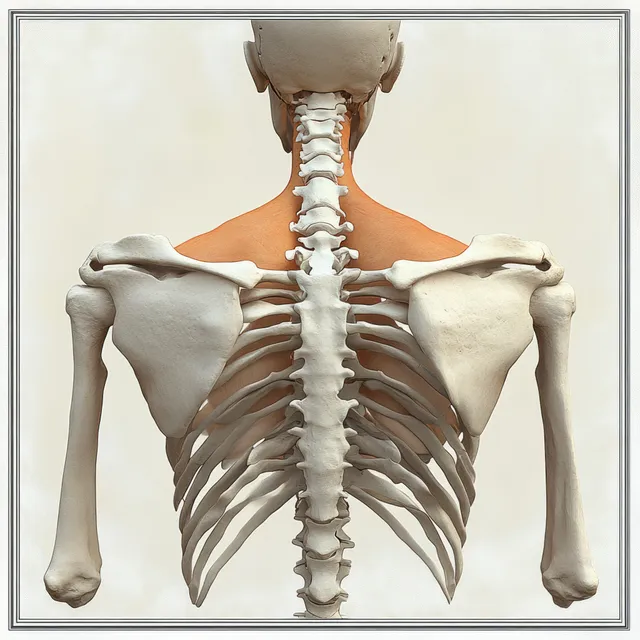 Rear view anatomical illustration of a human skeleton showing spine and shoulder blades with rhomboid minor emphasis.