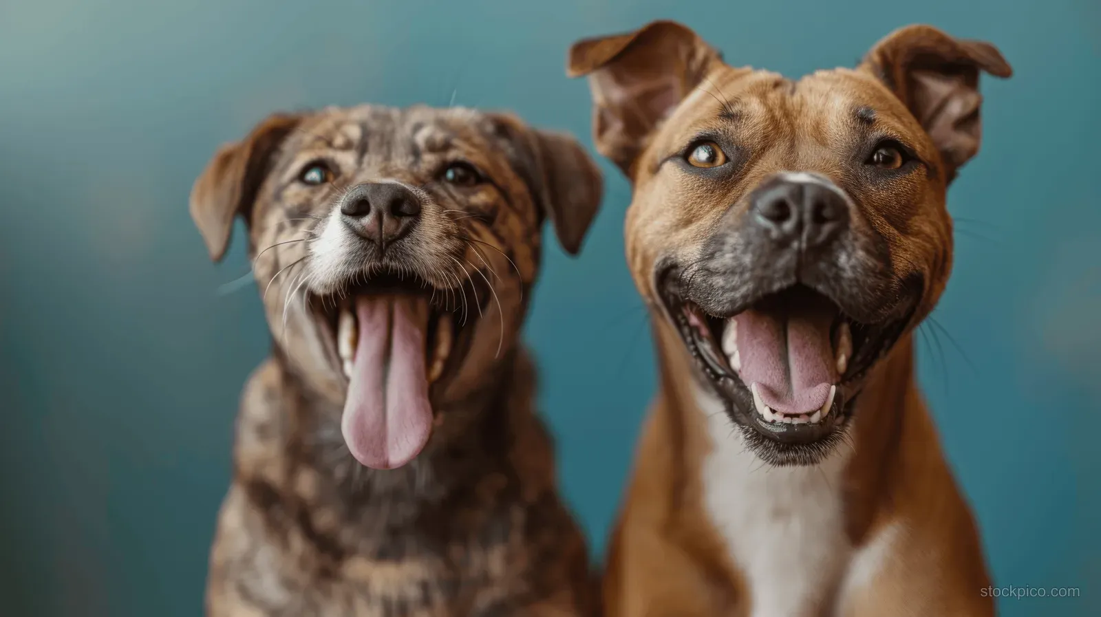 Two dogs face the camera side by side, one panting with tongue out on a blue studio background.