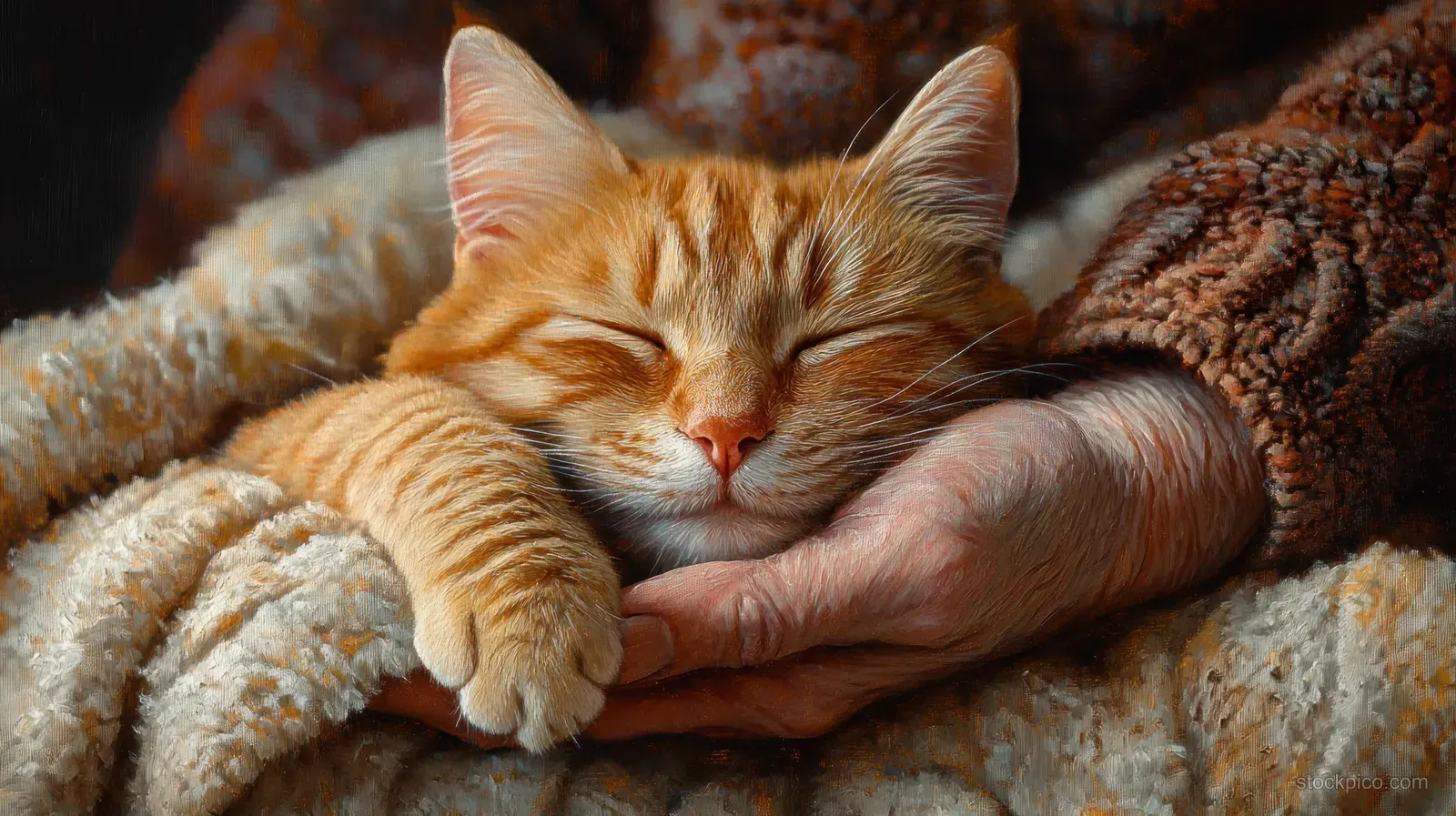 An orange tabby cat sleeps peacefully in an elderly person’s hands under a soft knitted blanket.