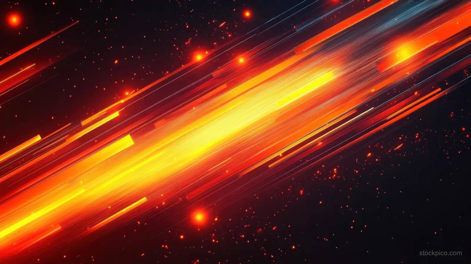 Diagonal orange and yellow light trails sweep across a dark scene with glowing particles.