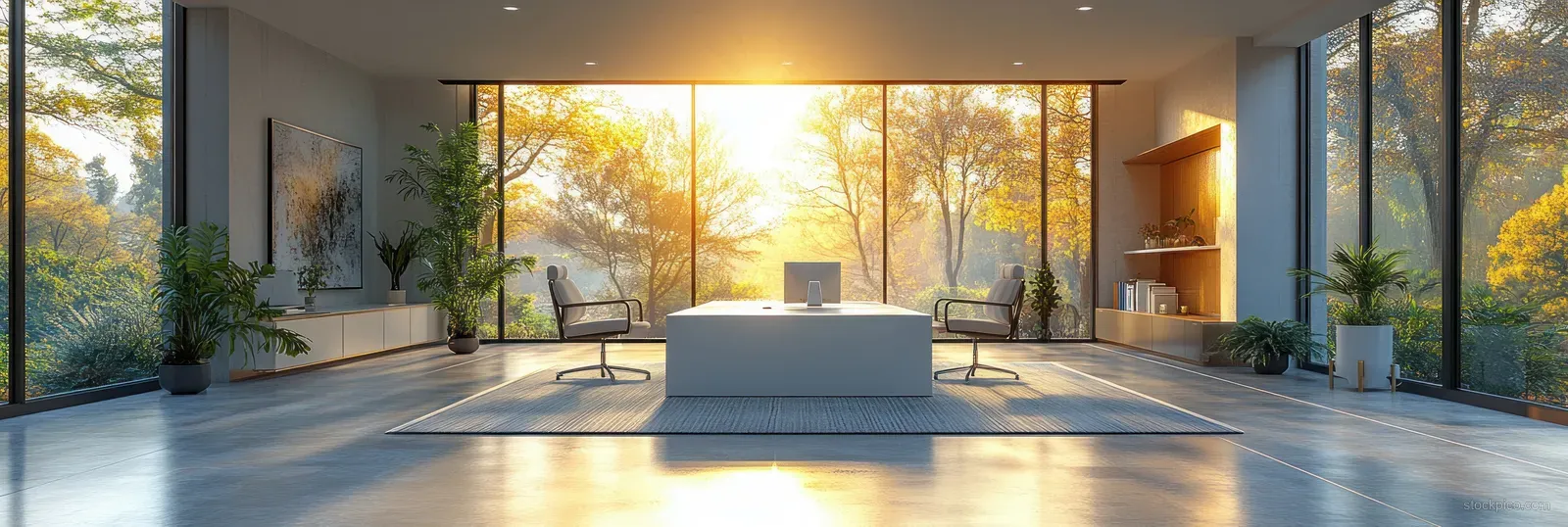 Minimalist office lounge with desk and chairs, large windows, and golden sunrise light across a clean floor.