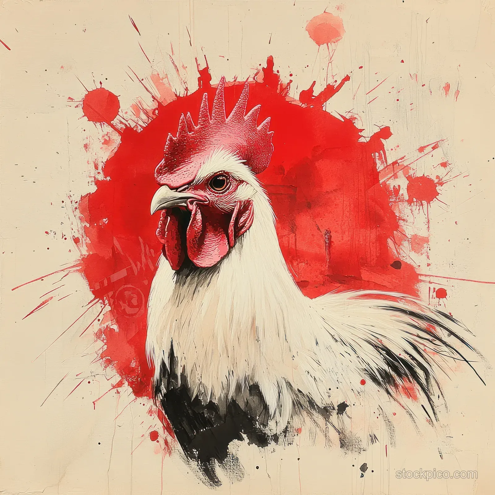 Watercolor rooster portrait with white feathers and red paint splatter on a light background.