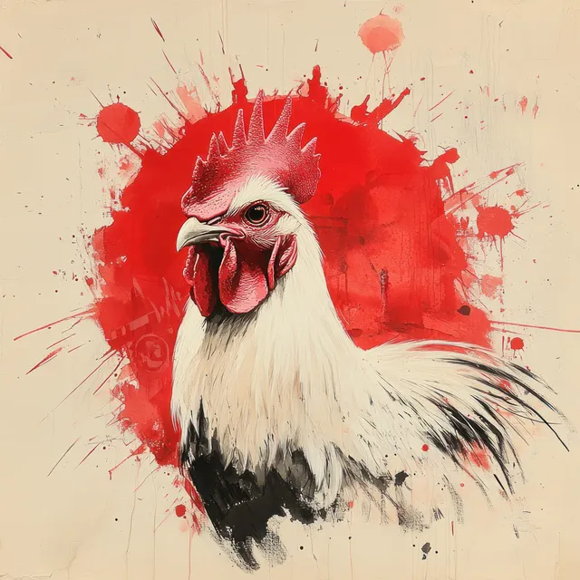 Watercolor rooster portrait with red splatter background, white feathers, ink-wash accents