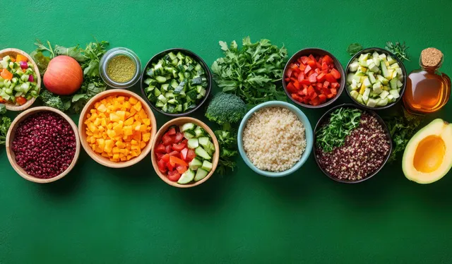 Colorful bowls of diced vegetables, legumes, grains, herbs, and avocado sit on a green background.