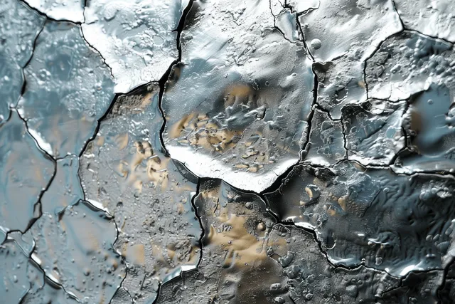 Matte silver metal foil background with cracked plated texture and waterlike highlights