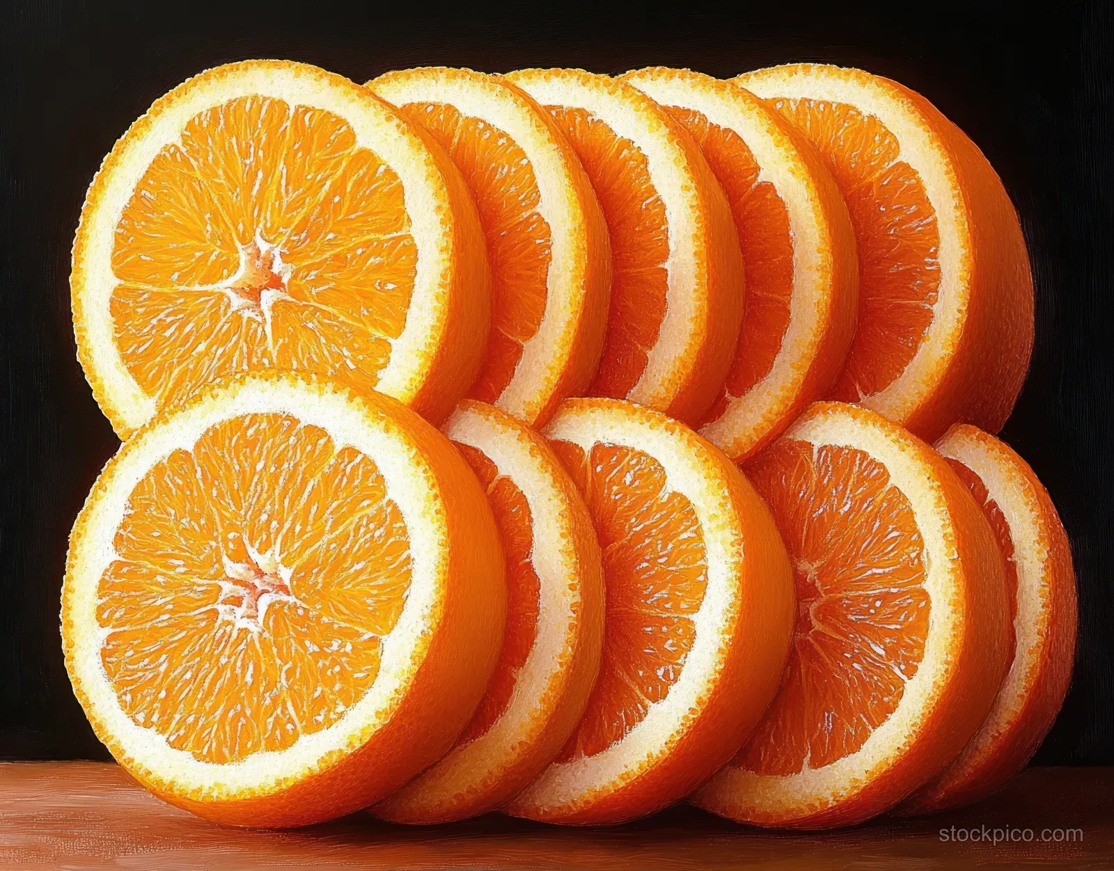 Fresh orange slices stacked on a wooden surface against a dark background, showing bright juicy texture.
