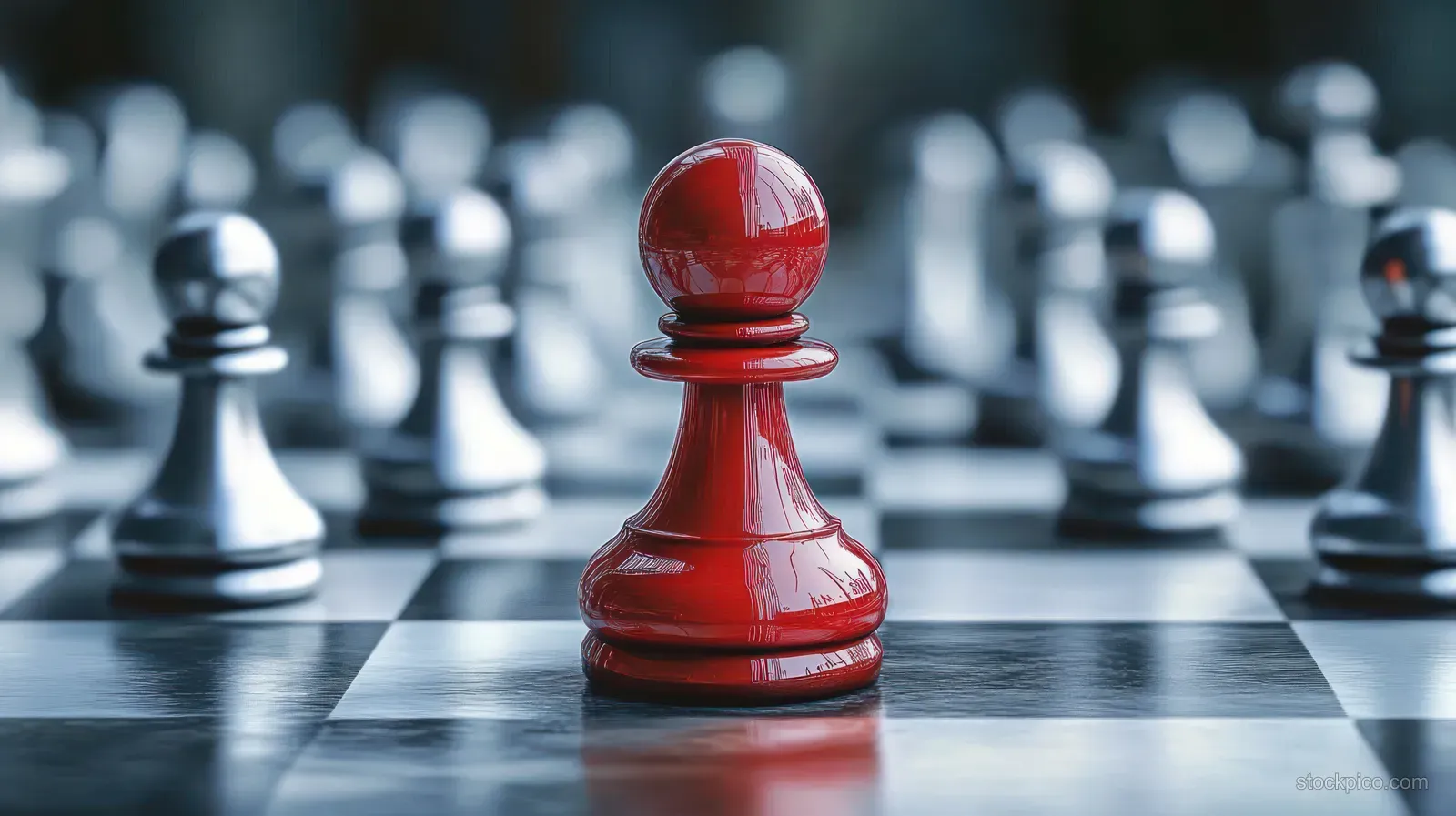 A red chess pawn stands on a reflective black-and-white chessboard while silver pieces blur in the background.