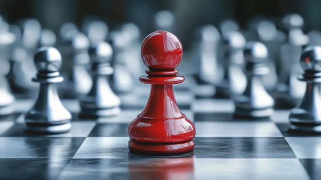 Red chess pawn on reflective black-and-white board with blurred silver pieces behind
