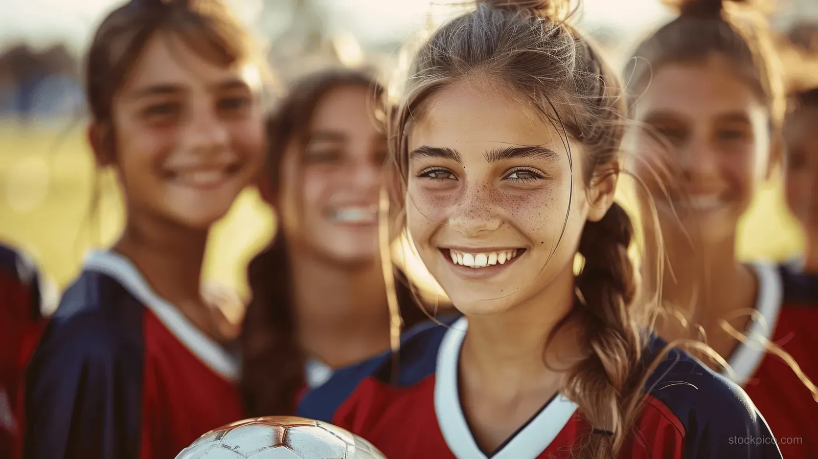 Teenage girls soccer players in blue and red kits smile on the field while holding a ball.
