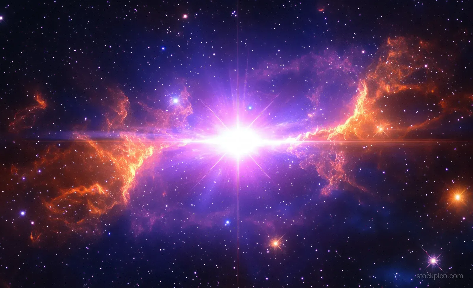 A radiant star shines at the center, lighting swirling purple and orange nebula clouds across deep space.