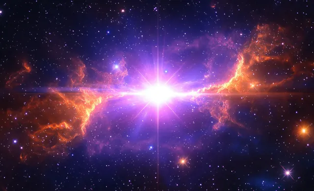 Radiant star bursting at center with swirling nebula clouds across a deep purple cosmos
