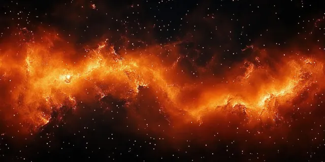 Swirling orange-red nebula clouds with glowing particles and distant stars across a dark space background.