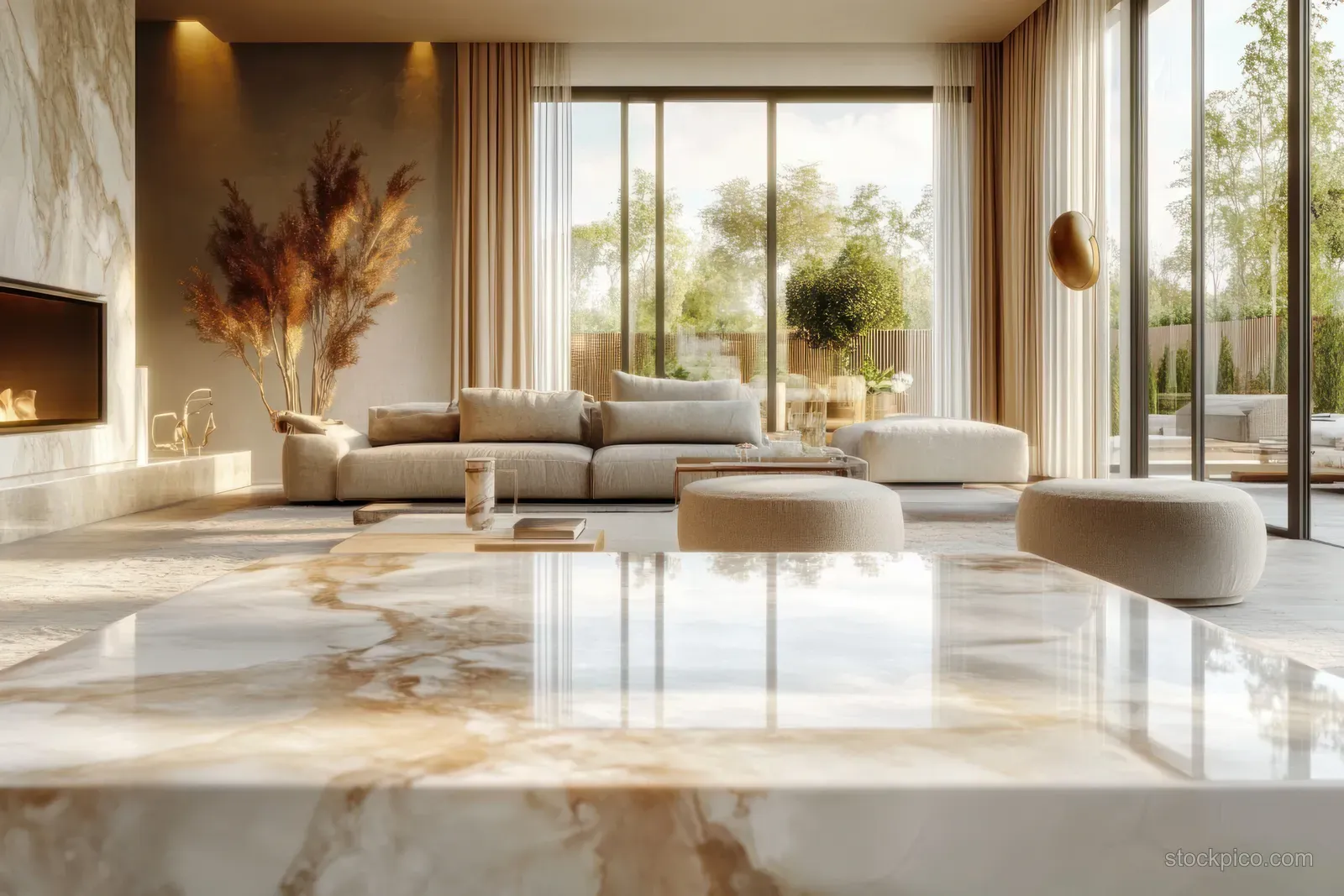 Sunlit living room with beige sofa, marble coffee table, and sliding doors revealing a lush garden outside.