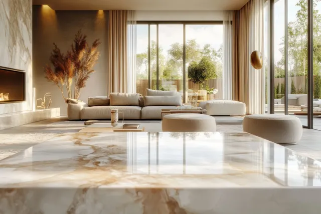 Sunlit living room with beige sofa, marble coffee table, and sliding doors revealing a lush garden outside.