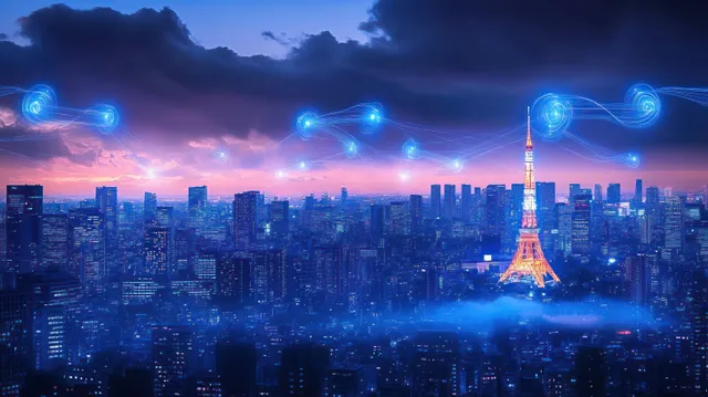 Twilight futuristic city skyline with an illuminated tower and neon blue light trails above clustered skyscrapers.