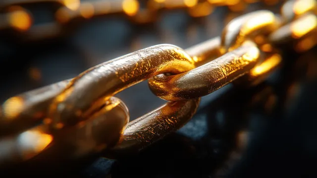 Close-up of a golden metal chain link with bright reflections on a dark blurred background.