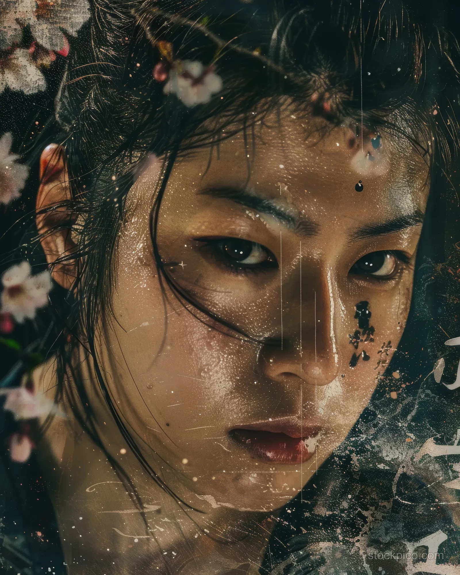 Japanese female wrestler portrait with intense focus, framed by cherry blossoms and dark traditional background.