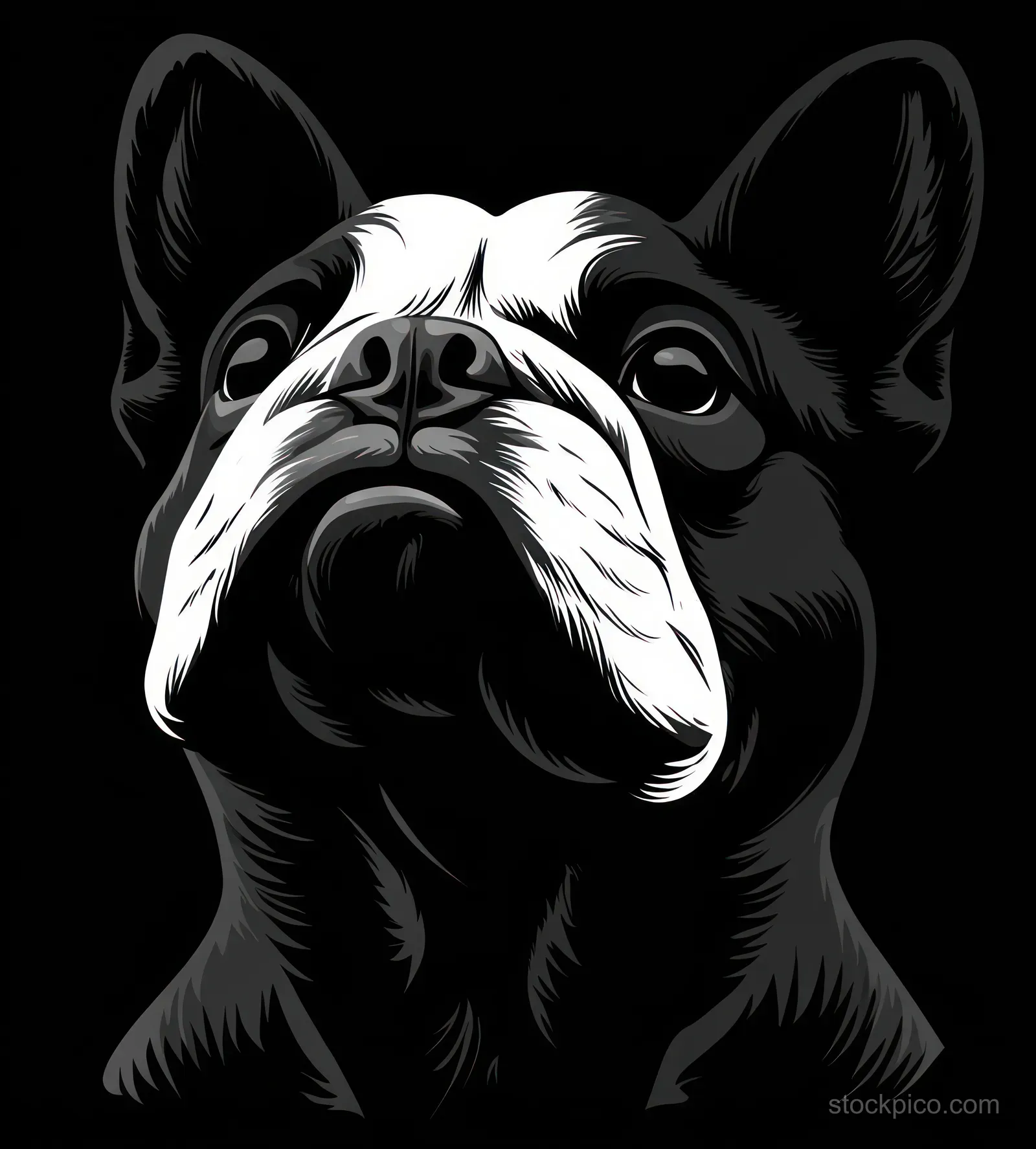 Black and white illustrated French bulldog head looking upward with folded ears against a black background.