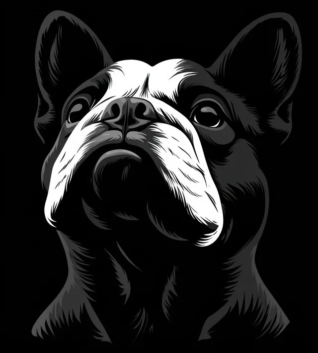 Black and white illustrated French bulldog head looking upward with folded ears against a black background.