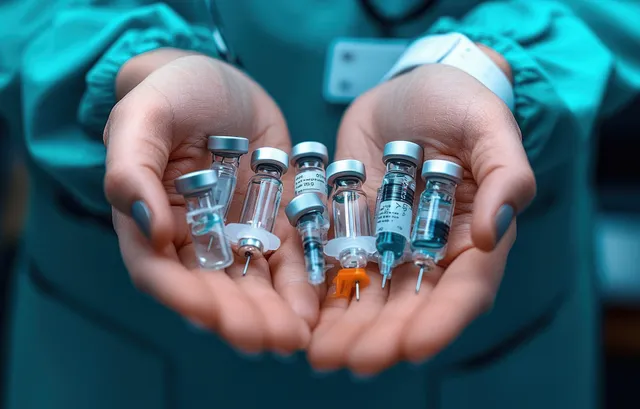 Gloved hands holding vaccine vials and syringes with blue liquid against blurred clinic background with Public Health Prevention