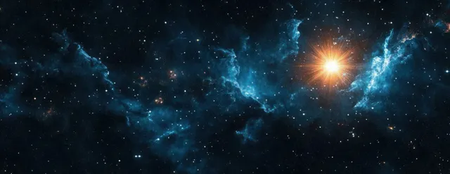 A glowing star hovers over a night Bethlehem manger as teal nebula clouds and distant galaxies fill the sky.