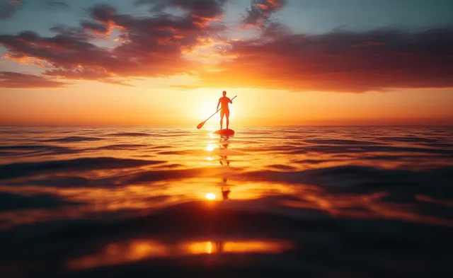 Silhouette paddleboarder stands on a SUP and paddles across ocean ripples during a glowing sunset.