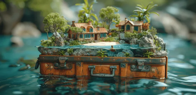 Open suitcase displays a miniature tropical resort scene as it floats on turquoise water.