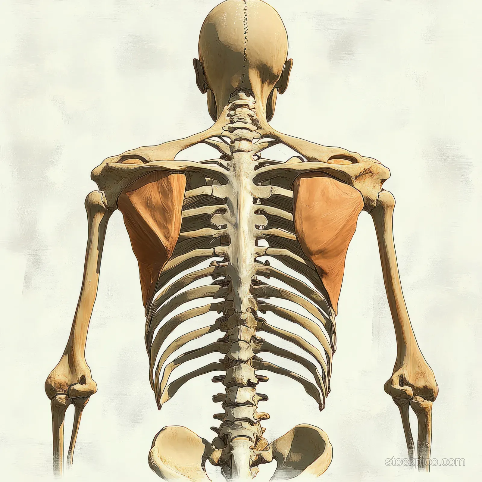 Back view anatomical illustration showing the human skeleton spine and scapulae with ribs and shoulder girdle.