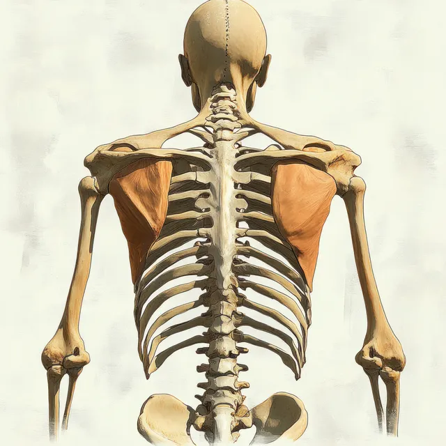 Back view anatomical illustration showing the human skeleton spine and scapulae with ribs and shoulder girdle.
