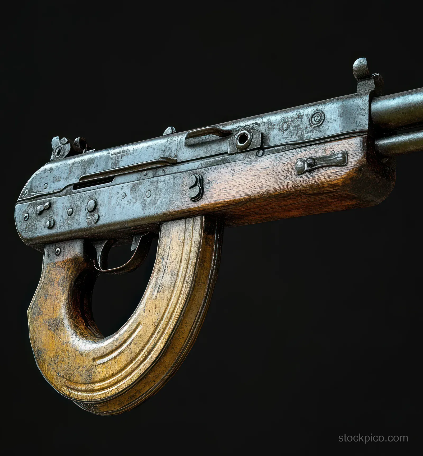 Weathered submachine gun close-up with a curved wooden magazine and rusty metal parts on a black background.