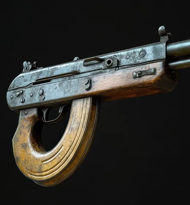 Weathered submachine gun close-up with a curved wooden magazine and rusty metal parts on a black background.
