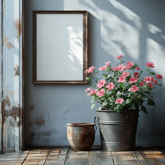 Minimalist wall corner with a blank canvas frame and flower pots holding pink blossoms under soft sunlight shadows.