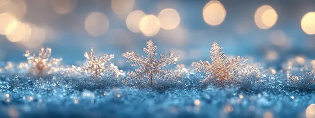 Snowflakes sit on a frosted ice surface with sparkling blurred winter lights behind them.