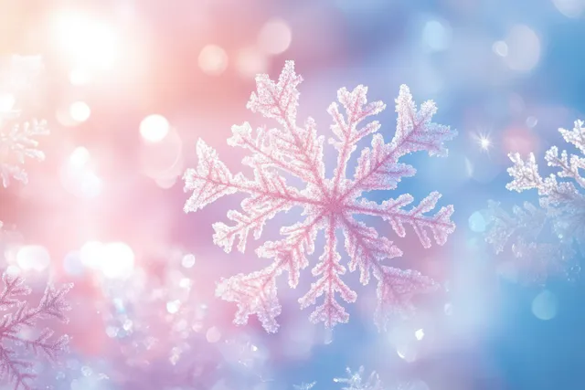Pink snowflake with ice crystals glowing over pastel bokeh background
