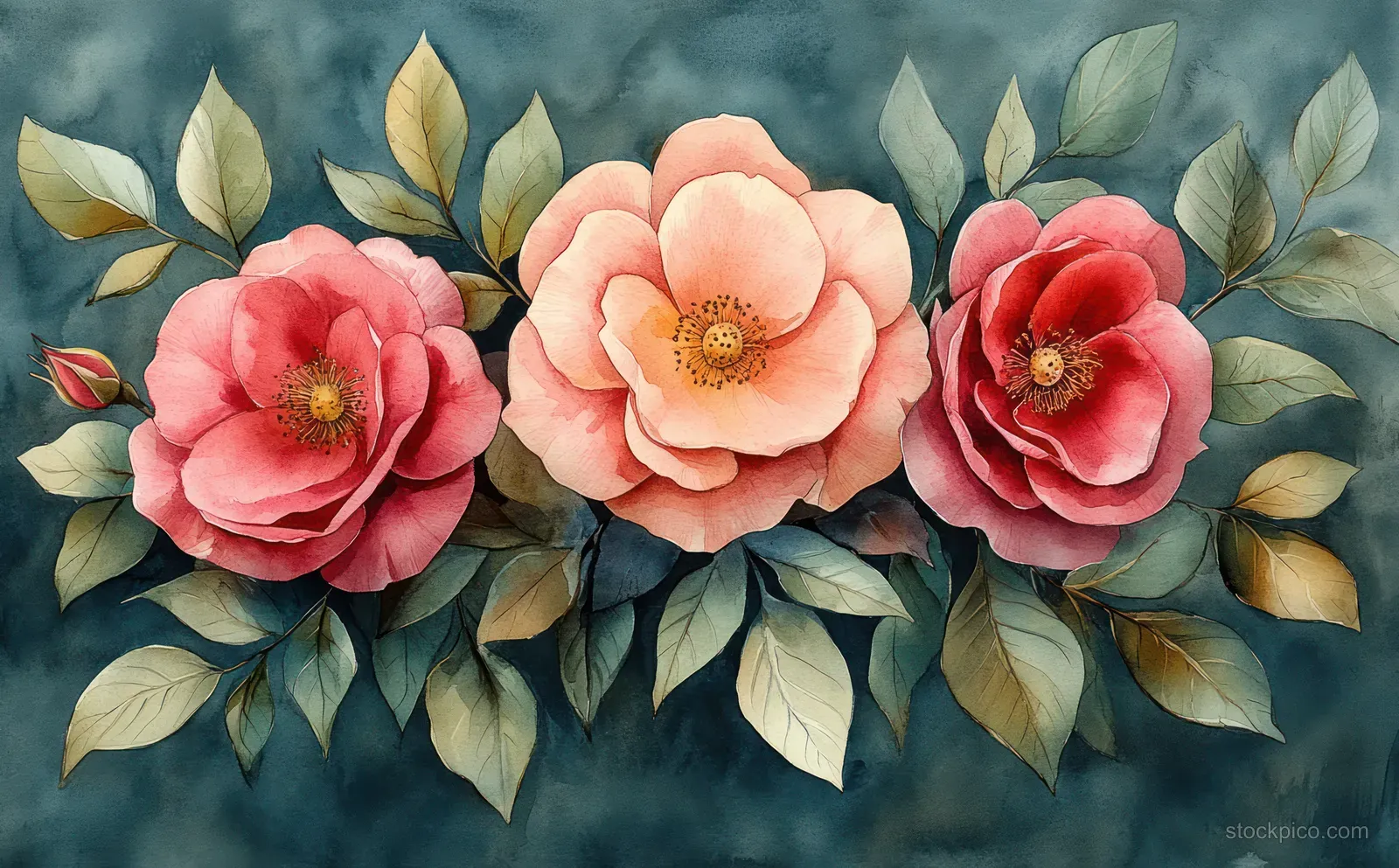 Watercolor bouquet of pink and red roses with green leaves arranged across a textured blue background.