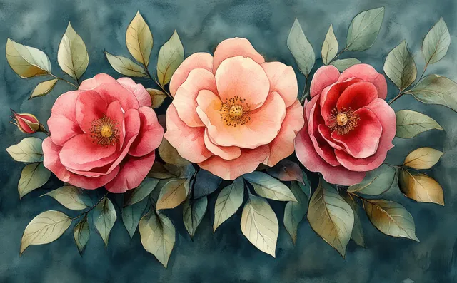 Watercolor roses bouquet with pink and red blooms, green leaves, textured blue background