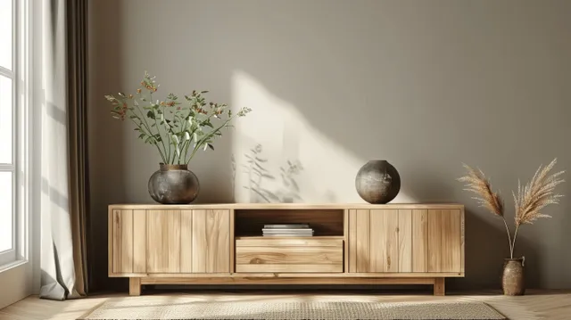 Minimal Scandinavian living room with wooden cabinet, black drapes, and soft plant light