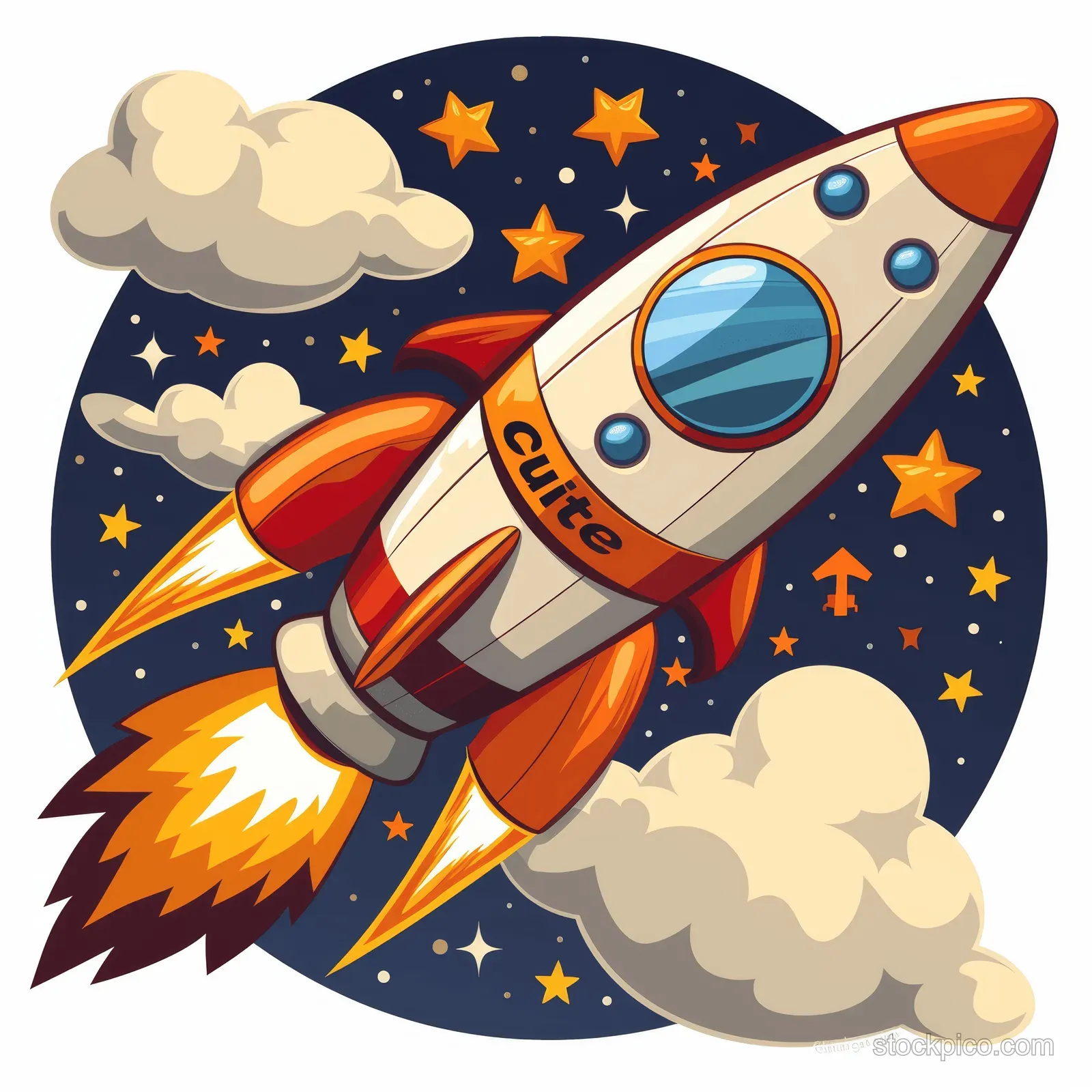 Cartoon rocket blasts through starry space with orange flames, clouds, and small planets.