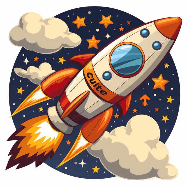Cartoon rocket blasts through starry space with orange flames, clouds, and small planets.