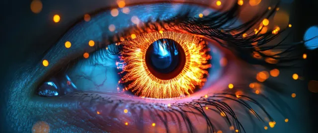 Close-up of a human eye with an orange-blue glowing iris and soft bokeh lights around it.