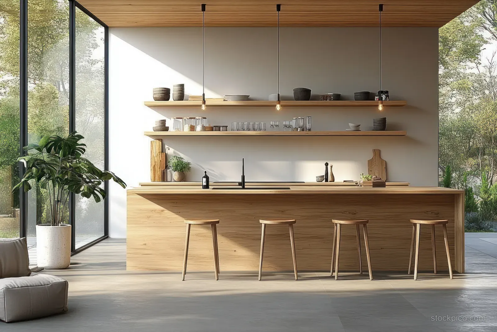 Minimalist Scandinavian kitchen with a light wood island, open shelves, bar stools, and bright windows.