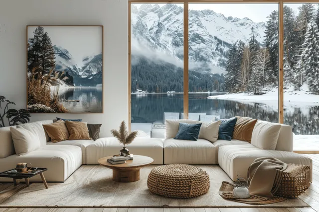Blue sofa and cream cushions sit in a Scandinavian living room with wooden-framed snowy mountain wall art.