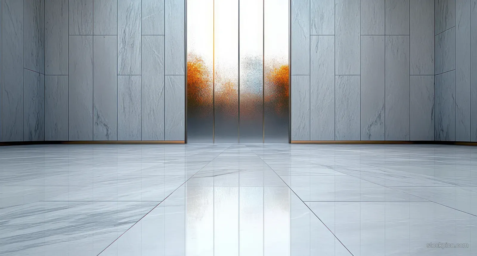 Empty minimal room with polished marble floor, brushed steel wall panels, and light through tall windows.