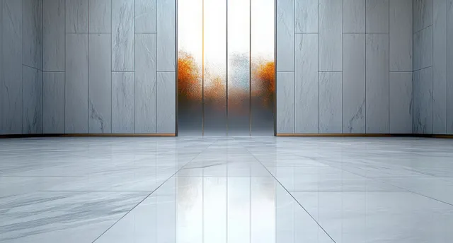 Empty minimal room with polished marble floor, brushed steel wall panels, and light through tall windows.
