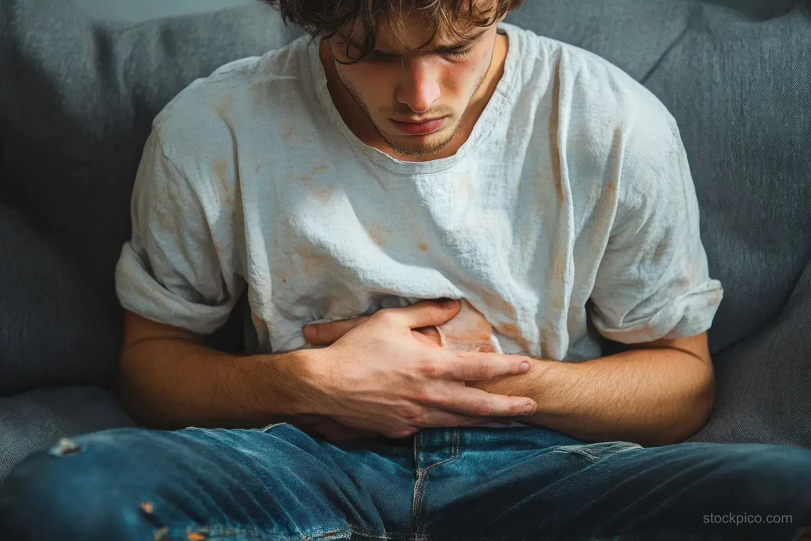 Young Asian man sits on a gray sofa holding his belly while grimacing from stomach pain.