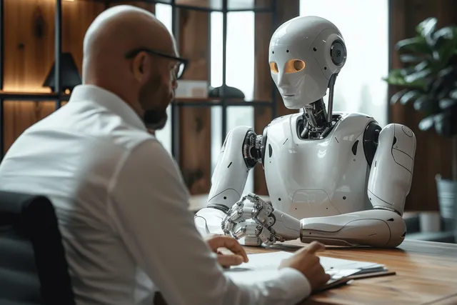 AI robot interviewing a human candidate in a modern office with glowing interface
