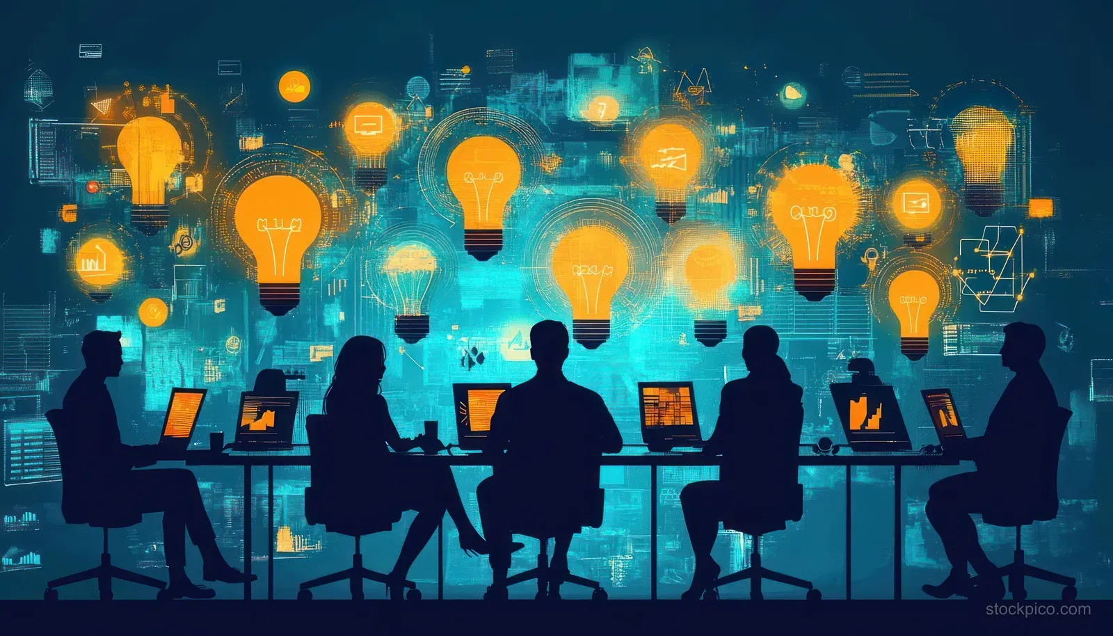 Silhouetted coworkers in a boardroom discuss on screens with glowing lightbulb icons over a turquoise background.